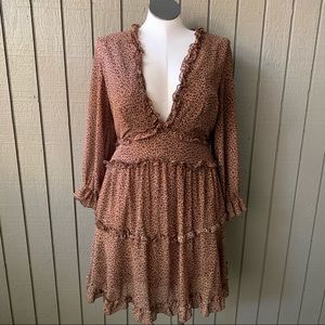 Eytino Women Sexy V Neck Long Sleeve Open Back Leopard Printed Mini Short Dress.